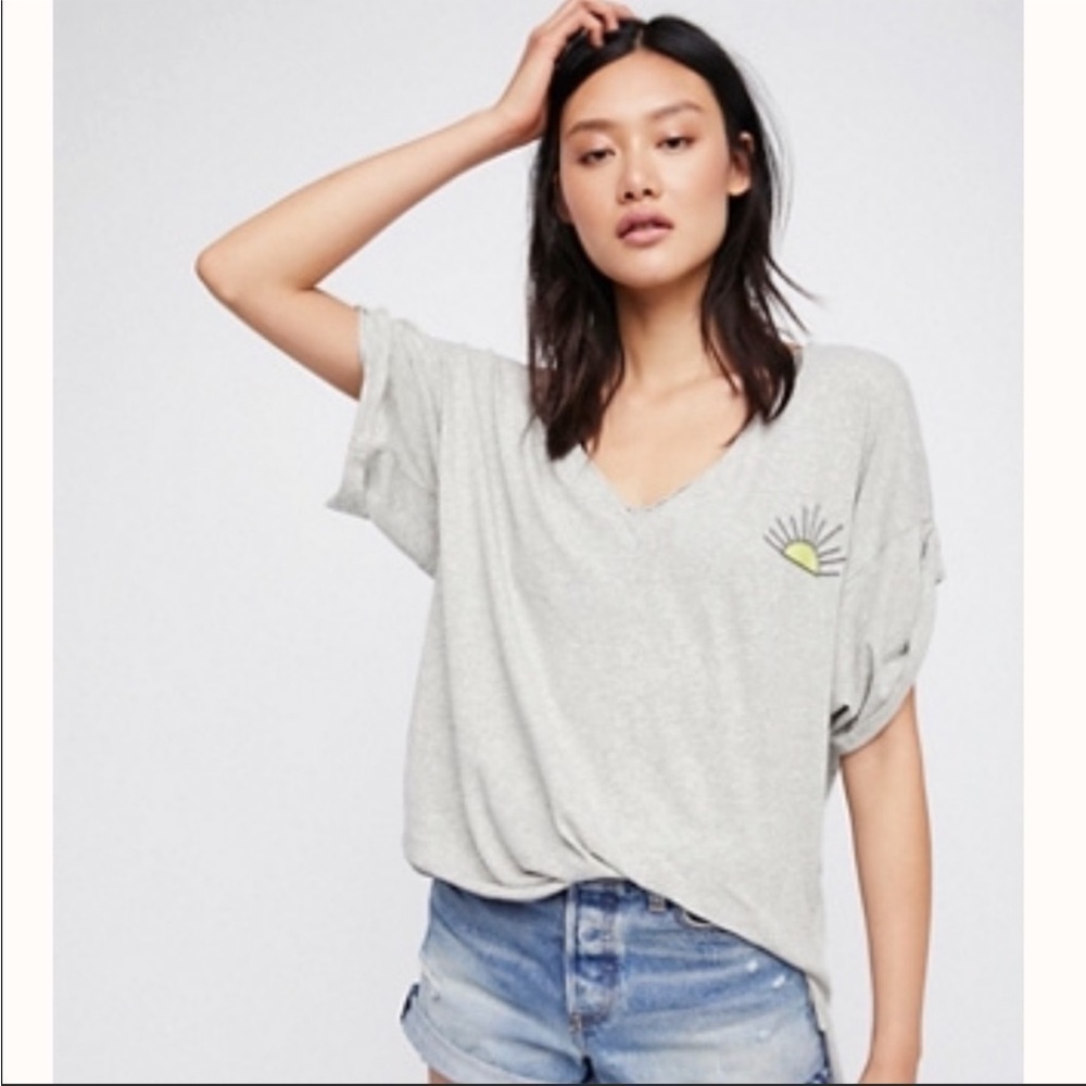 Free People Gray Short Sleeve Tee With Embroidered detail size XS